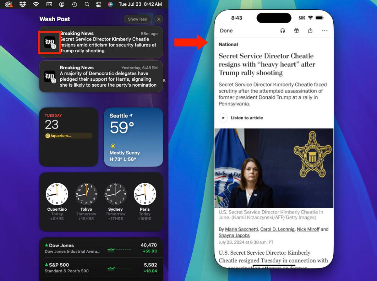 MacOS screen showing notifications branded with an iPhone icon. On the right is the iPhone Mirroring app showing the content of the notification loaded into the Washington Post app.