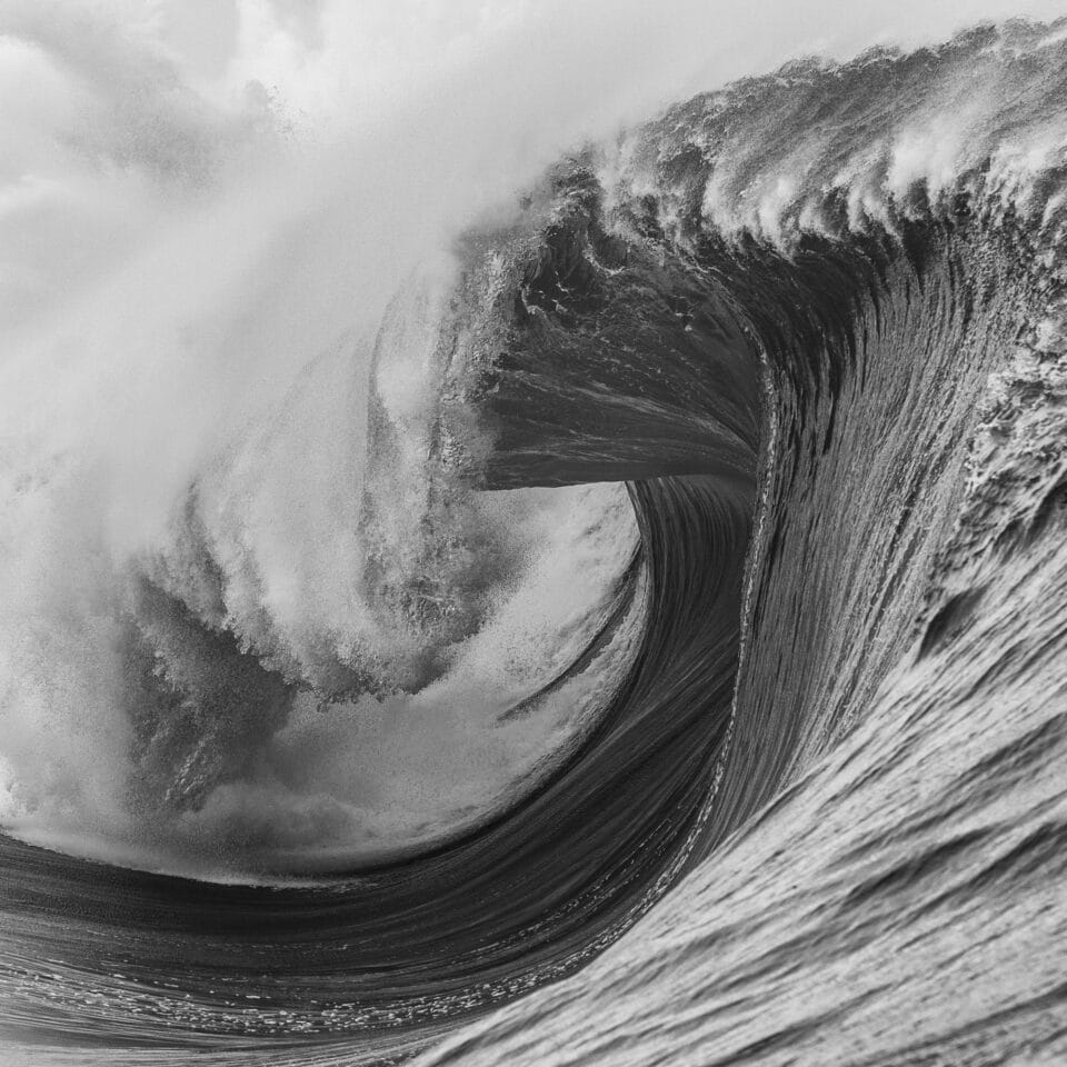 in a black and white photo, a large barreling wave begins to crash down on itself