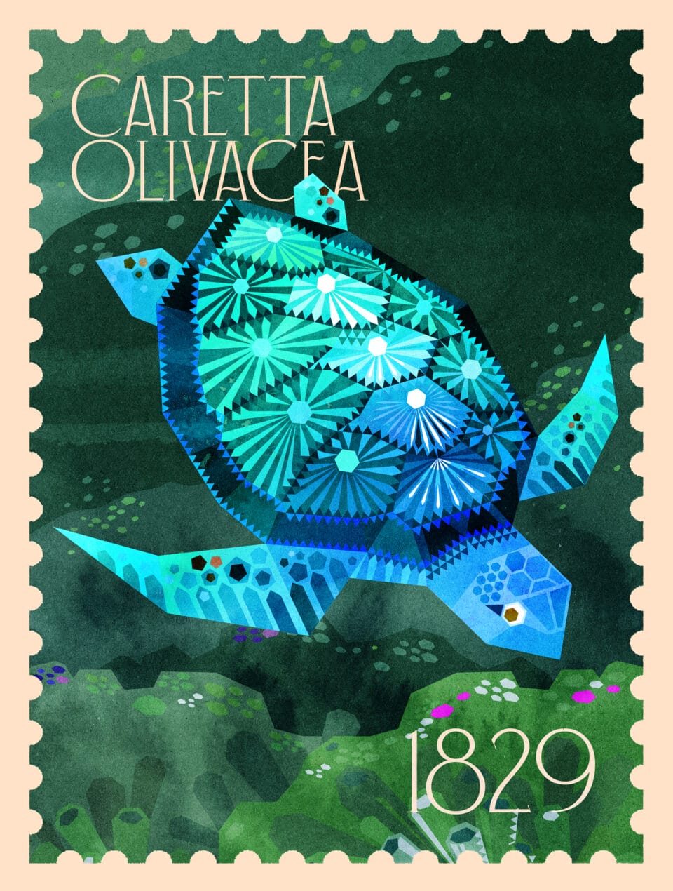 an illustrated stamp with a blue sea turtle and the words "caretta olivacea, 1829"