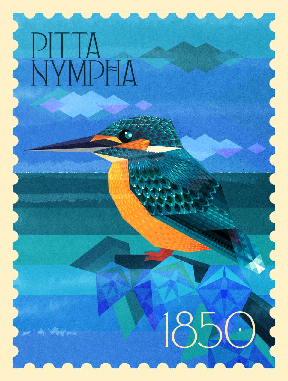 an illustrated stamp with a blue and orange bird perched on a branch and the words "pitta nympha, 1850"