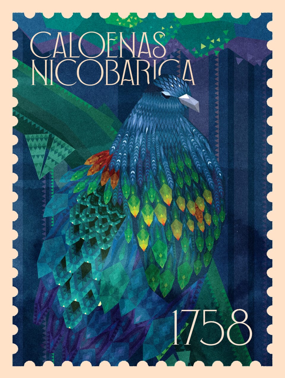 an illustrated stamp with a blue bird and the words "caloenas nicobarica, 1758"