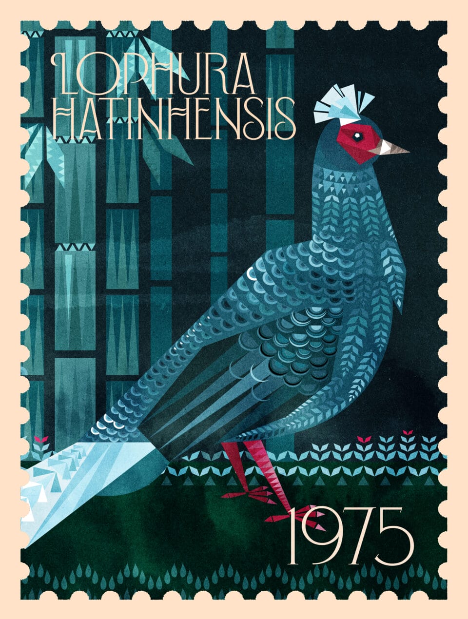 an illustrated stamp with aa blue bird with red eye and legs and the words "lophura hatinhensis, 1975"