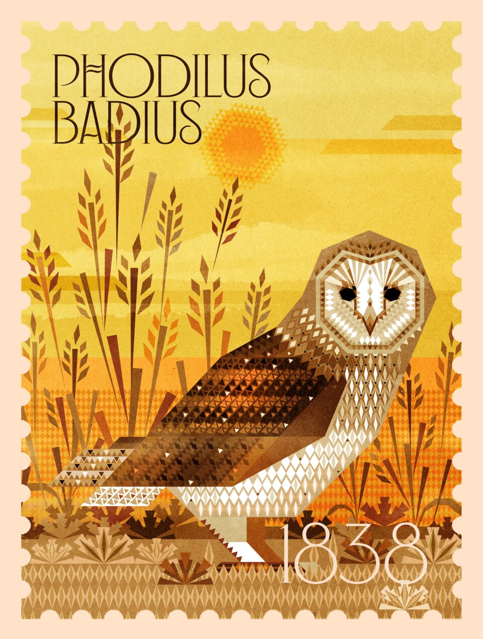 an illustrated stamp with a brown owl in a wheat field and the words "phodilus badius, 1838"