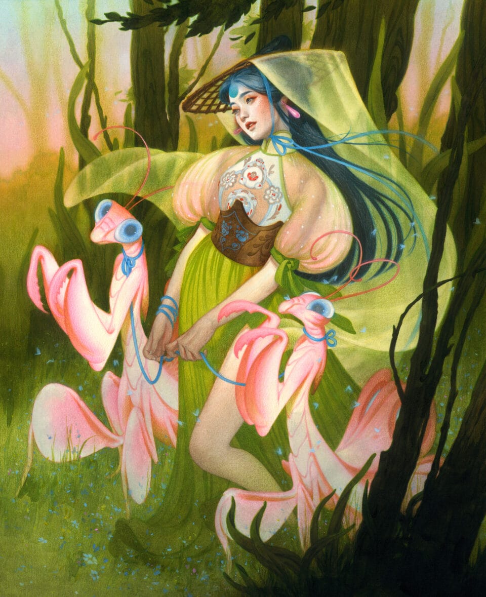 a woman wearing a Weimao-style hat with a green veil stands in the forest next to two large pink praying mantises attached with a blue ribbon