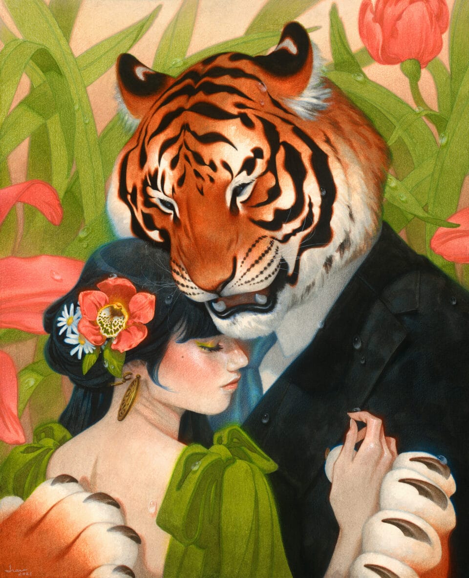 a woman with flowers in her hair is embraced by a tiger wearing a suit