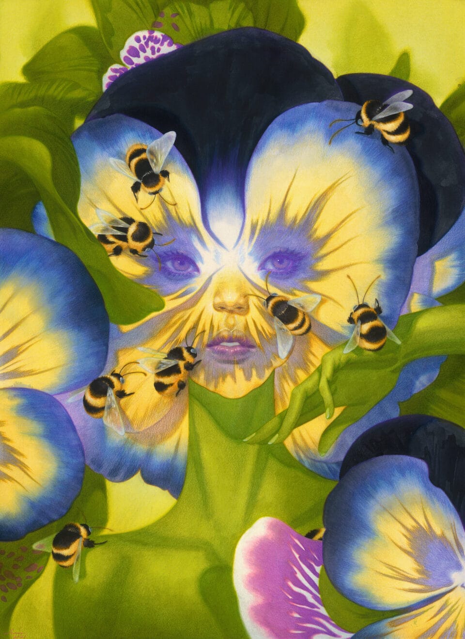 a flower with a human face is surrounded by bees