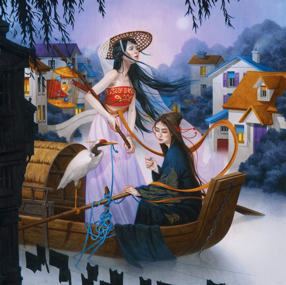 atop a misty river, two girls ride a wooden boat reminiscent of a Sampan. one wears a Weimao-style hat with a white veil while holding a caged bird, while the other sits, rowing the boat as a crane sits on the oar.