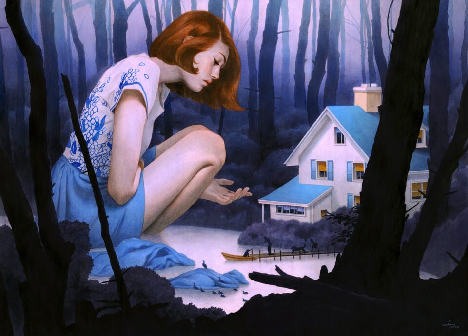 a giant woman sits and hovers over a house in the woods with a pond that has swimming ducks.