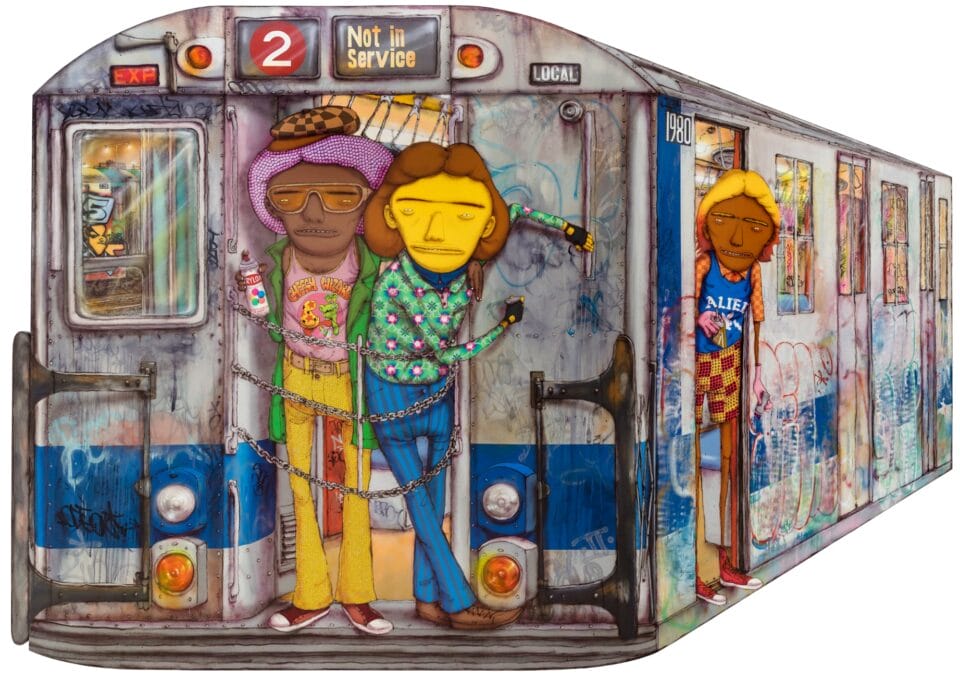 a painting of a train car covered in tags. a sign reads "not in service" and three figures peer out the doors holding spray paint