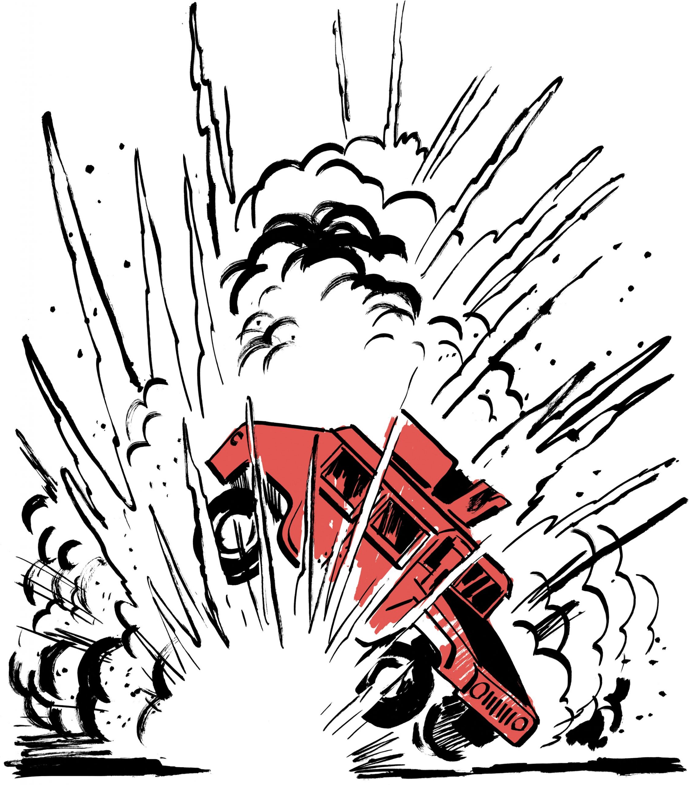 An illustration of a car flung upward in an explosion.