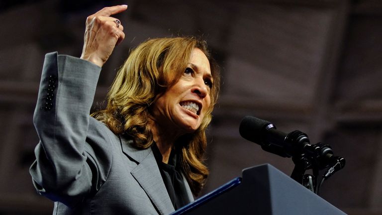 Democratic presidential nominee and U.S. Vice President Kamala Harris gestures as she speaks during a campaign event in Madison, Wisconsin, U.S., September 20, 2024. REUTERS/Jim Vondruska