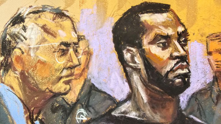 Combs and his defence lawyer Marc Agnifilo in a courtroom sketch. Pic: Reuters