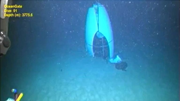 An image of the Titan sub on the seabed after had imploded shown to the Coast Guard hearing. Pic: US Coast Guard