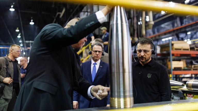 Volodymyr Zelenskyy at the Scranton plant. Pic: Reuters