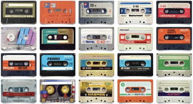 a group of 20 colorful audio cassette tapes in a grid layout