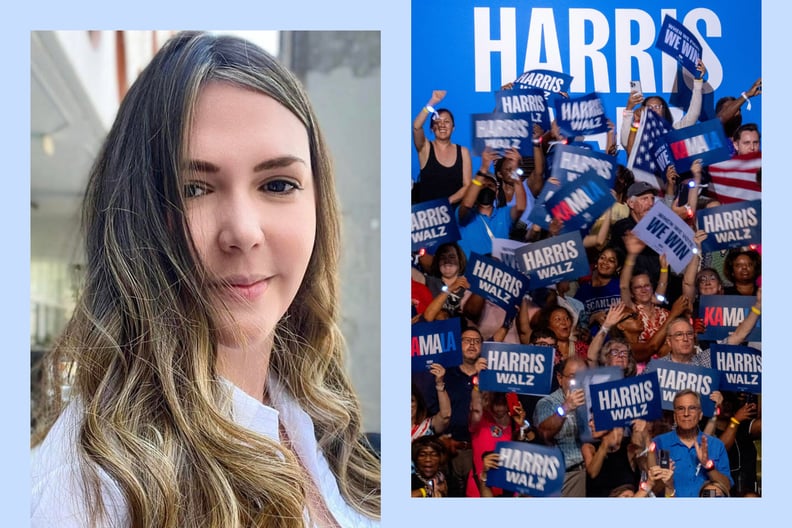 A side-by-side image shows the photo of Maca Casado on the left and a crowd holding Harris-Walz signs on the right.