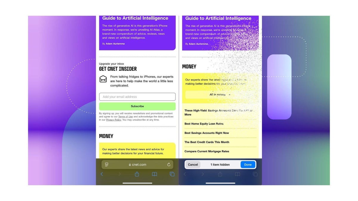 A side-by-side view of CNET's webpage with one screen showing the newsletter signup the other other showing particles floating away from where the newsletter signup was