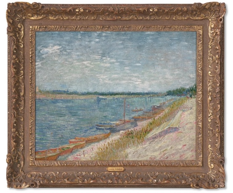 A framed painting of a beach with docked boats on its shores.