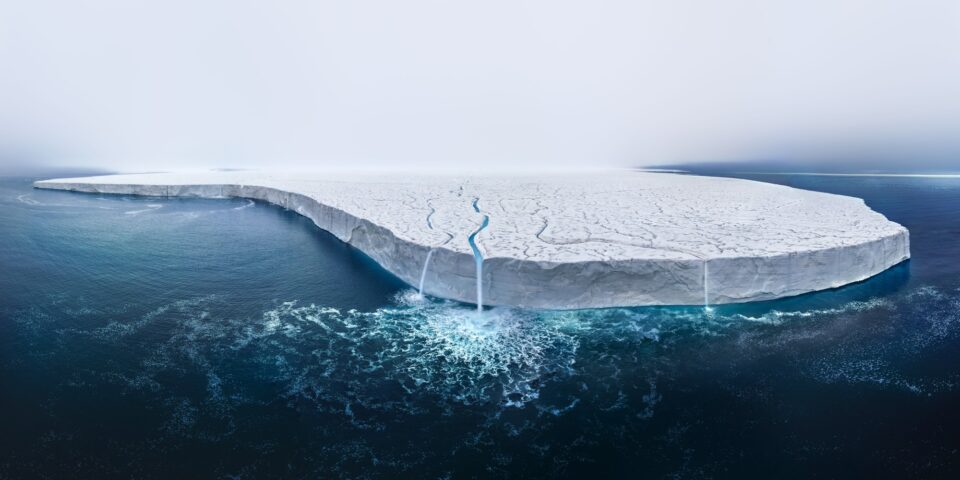 a wide angle photo of a melting white ice cap