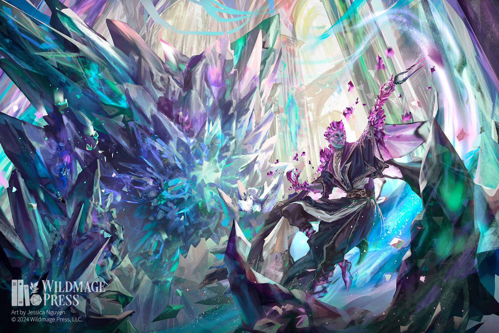 An illustration of Atraxis, a humanoid dressed in robes who appears to be made from crystal. Atraxis stands with an arm outstretched, surrounded by swirling magical energy, commanding a large gemstone-based earth elemental behind them in the cavernous halls of a crystalline Palace. 