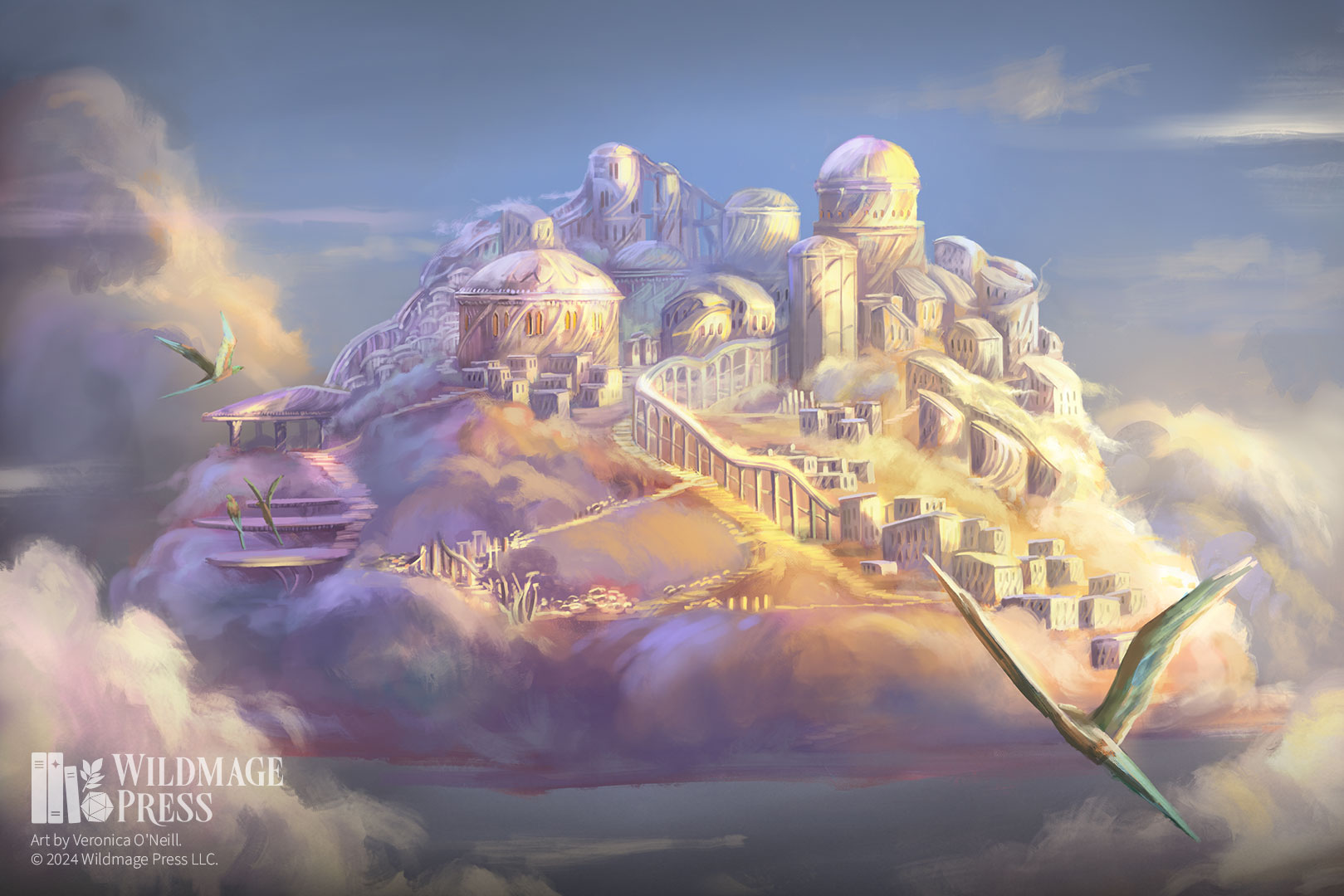 A wispy city of domes and columns resting on a cloud. A pair of birds fly toward it in the foreground.