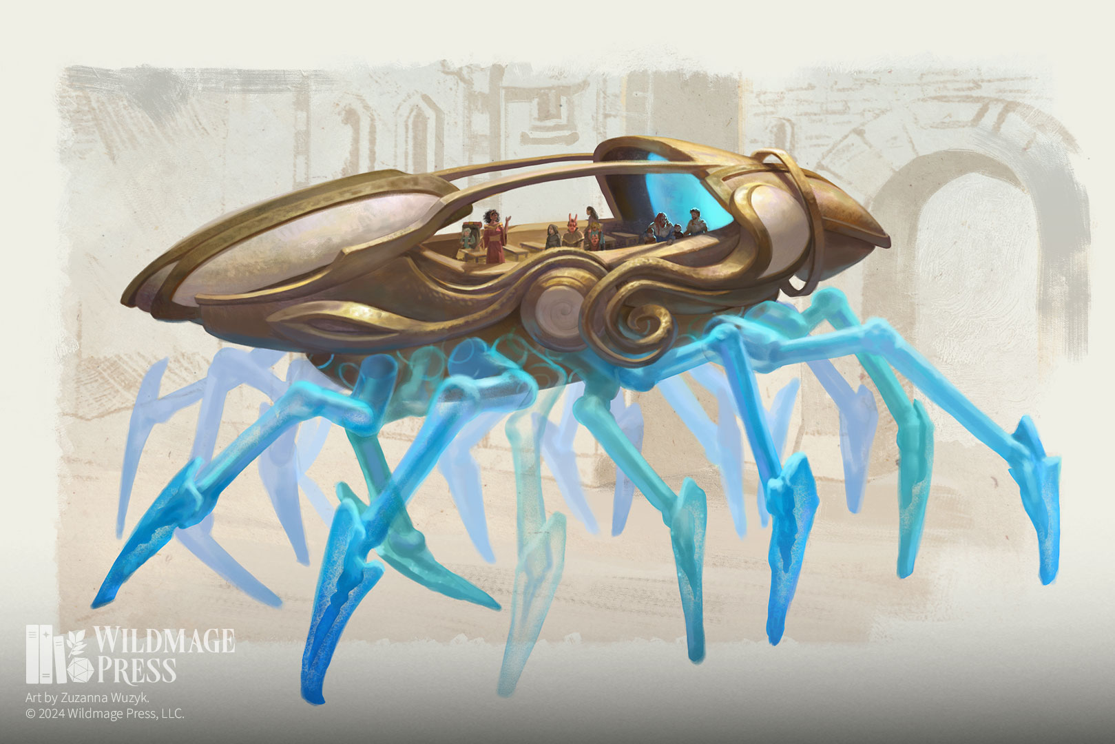 An illustration of the lorerider, a sleek, bug-like metallic body that carries up to 50 passengers scuttling forward on numerous semi-transleucent legs that elevate the body high from the city streets. 