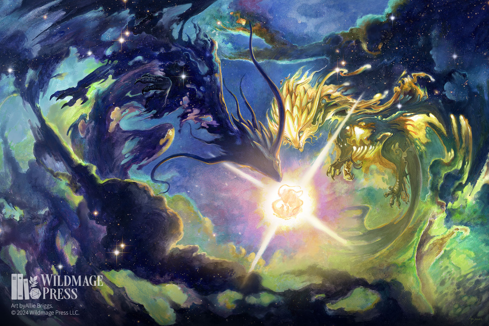 A pair of star dragons, one black and another yellow, witnessing what may be the birth of another of their species intently.